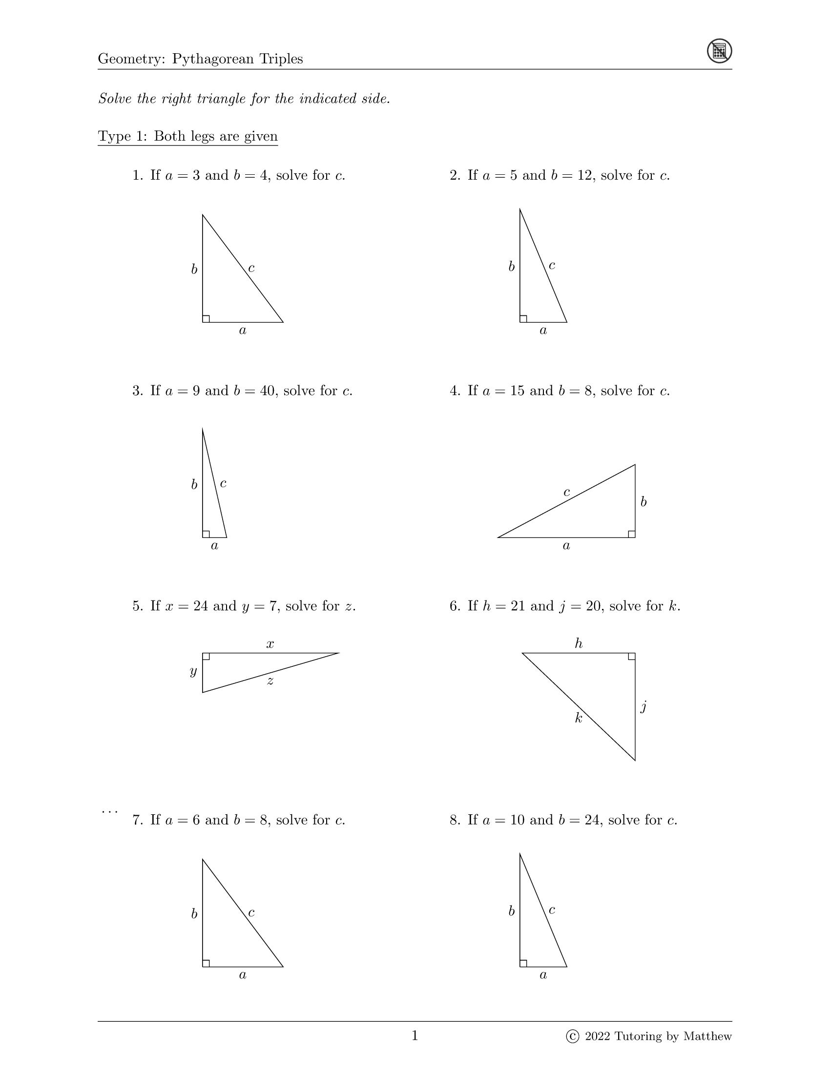 Pythagorean Triples Worksheet Tutoring by Matthew